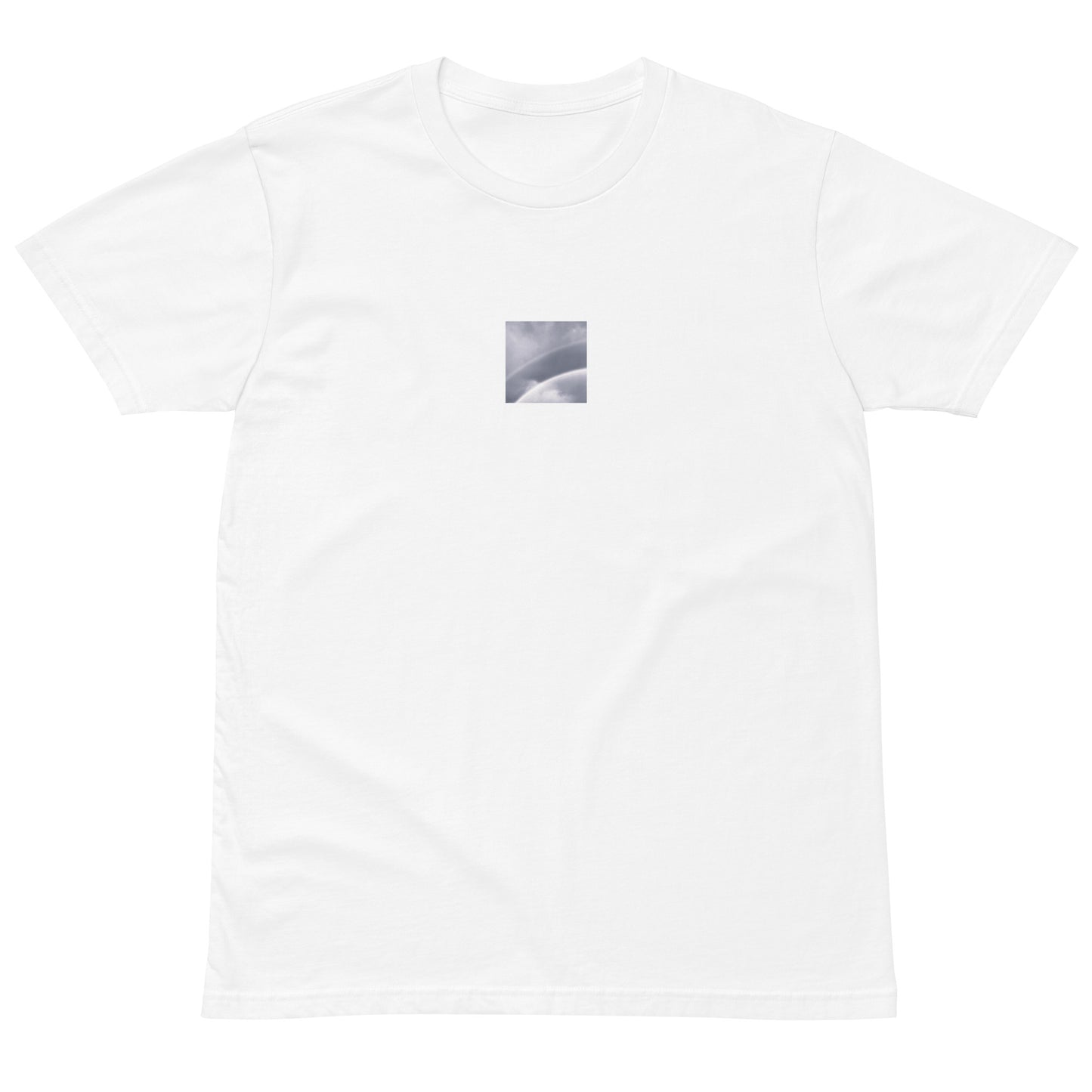 Minimalist streetwear style premium T-shirt in white featuring the 'Double Rainbow (B&W)' photo art on the front. / モードストリート系プレミアムTシャツ（ホワイト）フロントに「ダブルレインボー (モノクロ)」のフォトアートを配したデザイン。