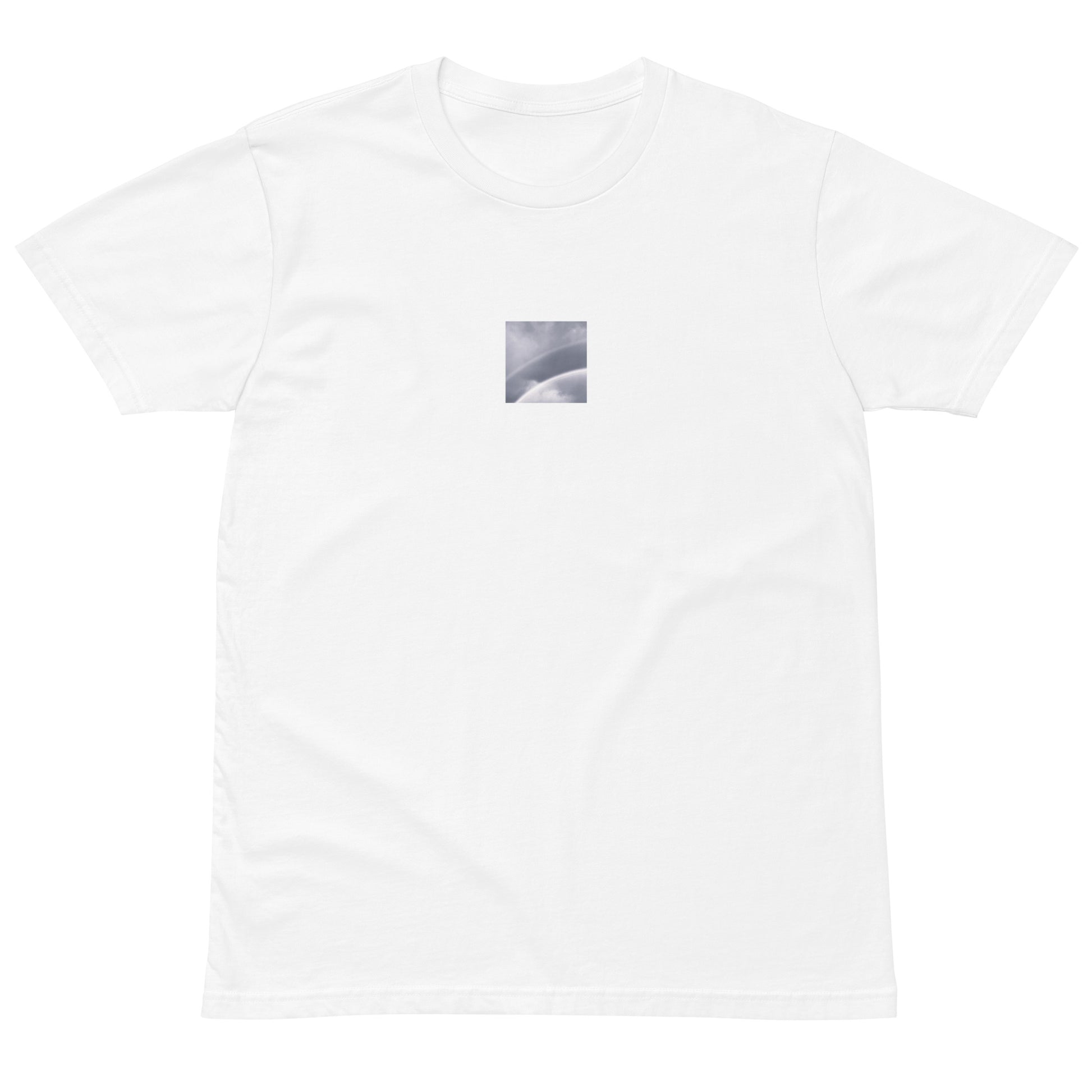 Minimalist streetwear style premium T-shirt in white featuring the 'Double Rainbow (B&W)' photo art on the front. / モードストリート系プレミアムTシャツ（ホワイト）フロントに「ダブルレインボー (モノクロ)」のフォトアートを配したデザイン。