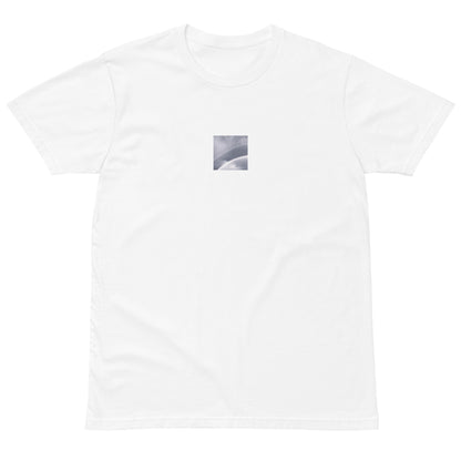 Minimalist streetwear style premium T-shirt in white featuring the 'Double Rainbow (B&W)' photo art on the front. / モードストリート系プレミアムTシャツ（ホワイト）フロントに「ダブルレインボー (モノクロ)」のフォトアートを配したデザイン。