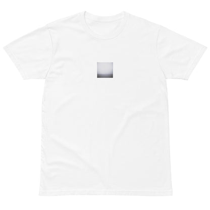 Minimalist streetwear style premium T-shirt in white featuring the 'Ocean Horizon (B&W)' photo art on the front. / モードストリート系プレミアムTシャツ（ホワイト）フロントに「オーシャンホライズン (モノクロ)」のフォトアートを配したデザイン。