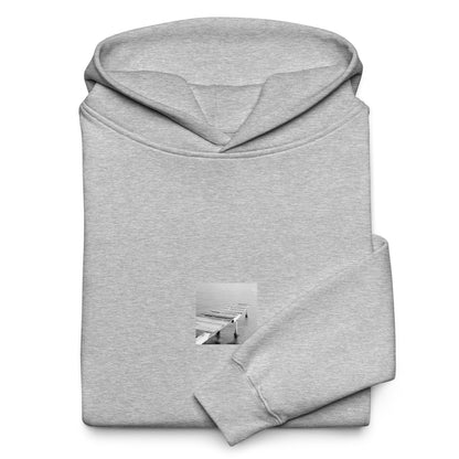【Athletic Heather】
Minimalist mode streetwear oversized athletic heather hoodie with a 'Sea and Pier' black and white photo print on the front / モードストリート系オーバーサイズパーカー（アスレチックヘザー）、フロントに「桟橋と海」のモノクロ写真プリント