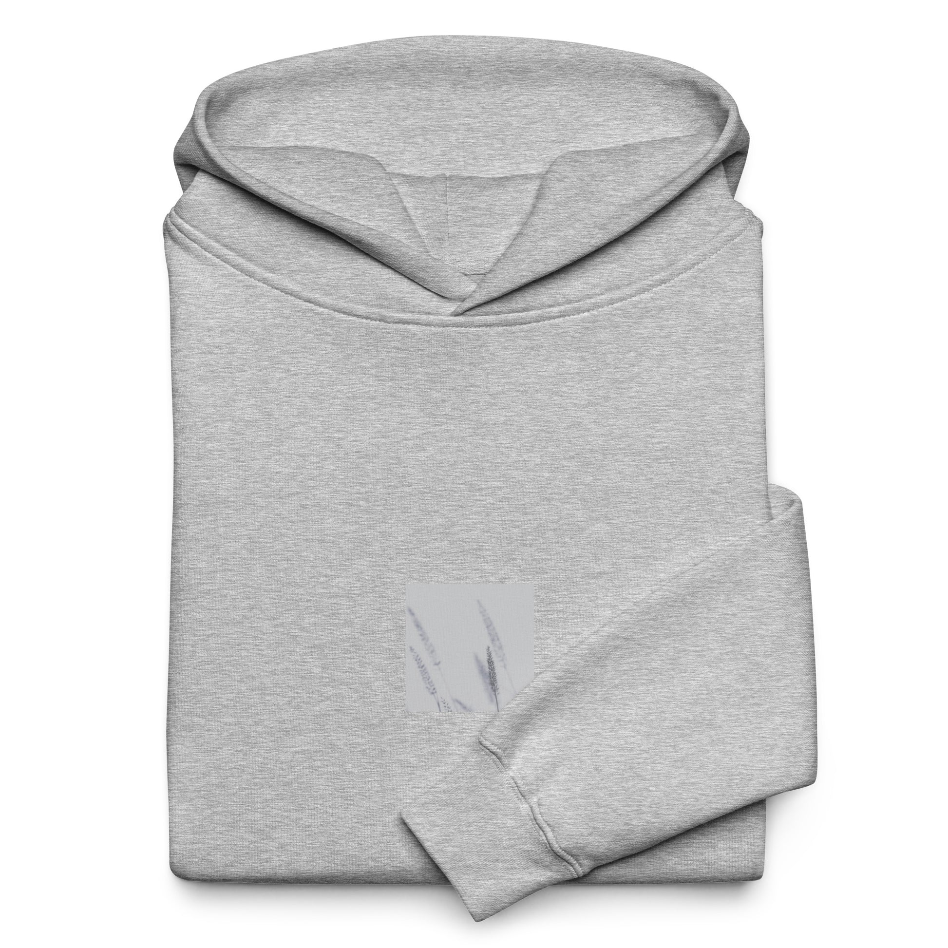 Minimalist mode style unisex oversized premium athletic heather hoodie with a 'Foxtail Grass' black and white botanical art print on the front / モードストリート系ユニセックス・プレミアムオーバーサイズパーカー（アスレチックヘザー）、フロントに「フォックステールグラス」のモノクロボタニカルアートプリント
