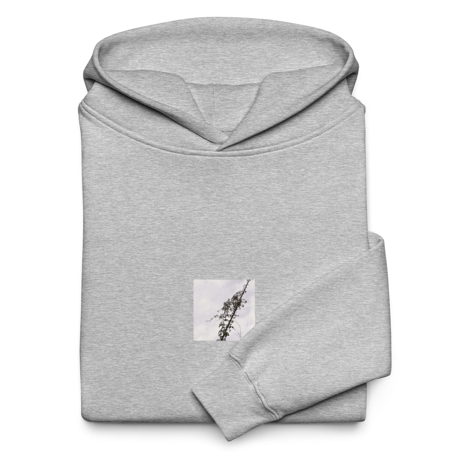 Minimalist mode style unisex premium athletic heather oversized hoodie with a 'Vines Entangled on a Utility Pole' black and white photo print / モードストリート系ユニセックス・プレミアム・オーバーサイズパーカー（アスレチックヘザー）、フロントに「電柱に絡まるツル」のモノクロ写真プリント（パーカー）