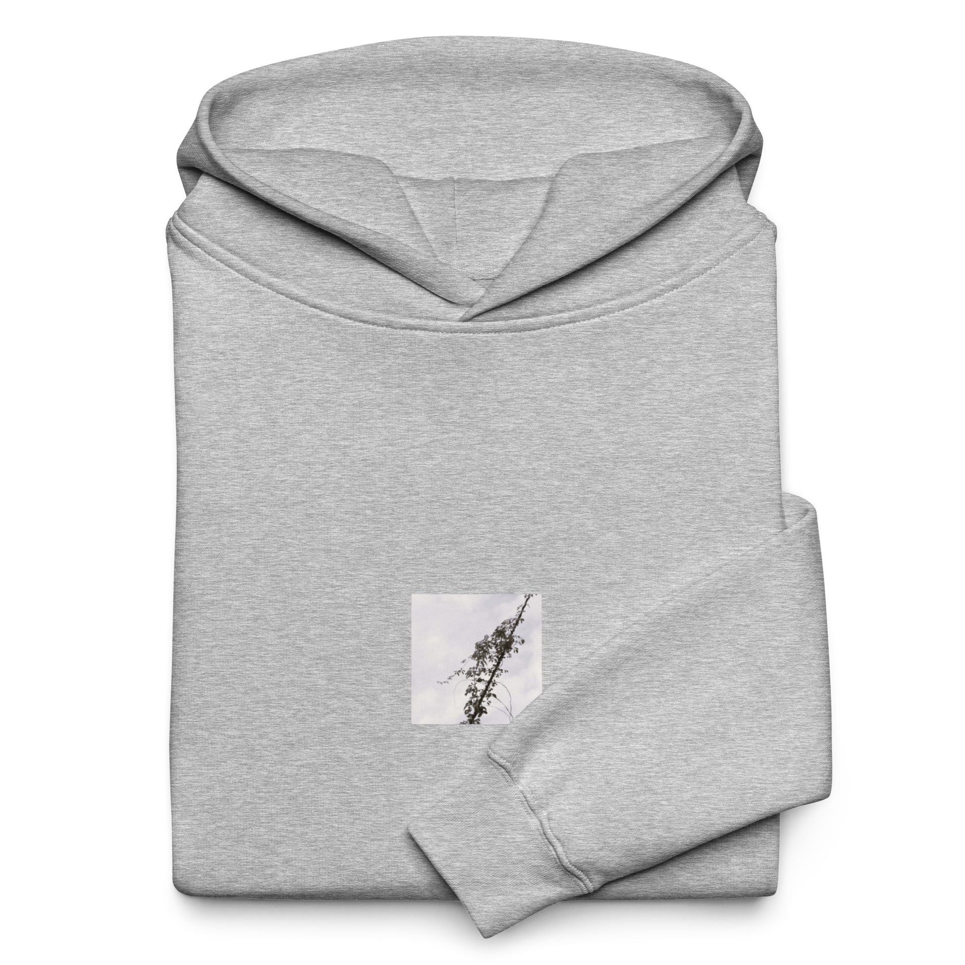 Minimalist mode style unisex premium athletic heather oversized hoodie with a 'Vines Entangled on a Utility Pole' black and white photo print / モードストリート系ユニセックス・プレミアム・オーバーサイズパーカー（アスレチックヘザー）、フロントに「電柱に絡まるツル」のモノクロ写真プリント（パーカー）