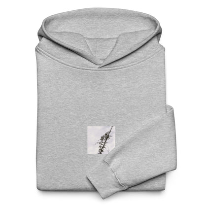 Minimalist mode style unisex premium athletic heather oversized hoodie with a 'Vines Entangled on a Utility Pole' black and white photo print / モードストリート系ユニセックス・プレミアム・オーバーサイズパーカー（アスレチックヘザー）、フロントに「電柱に絡まるツル」のモノクロ写真プリント（パーカー）