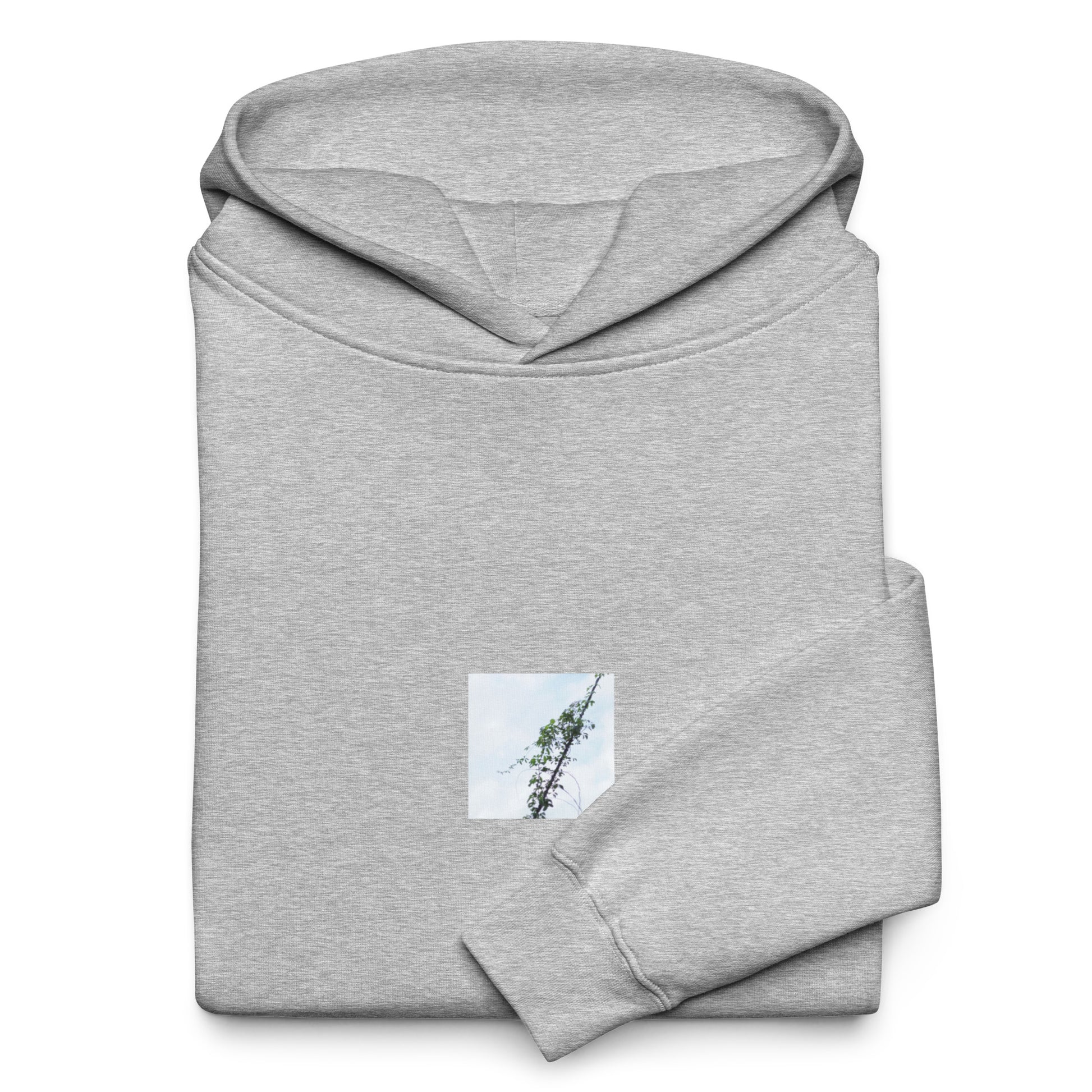 Minimalist mode style unisex premium athletic heather oversized hoodie with a 'Vines Entangled on a Utility Pole' photo print / モードストリート系ユニセックス・プレミアム・オーバーサイズパーカー（アスレチックヘザー）、フロントに「電柱に絡まるツル」の写真プリント（パーカー）