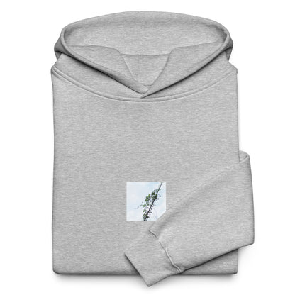 Minimalist mode style unisex premium athletic heather oversized hoodie with a 'Vines Entangled on a Utility Pole' photo print / モードストリート系ユニセックス・プレミアム・オーバーサイズパーカー（アスレチックヘザー）、フロントに「電柱に絡まるツル」の写真プリント（パーカー）