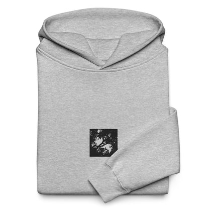 Minimalist mode style unisex premium athletic heather oversized hoodie with a 'Forest' black and white photo print / モードストリート系ユニセックス・プレミアム・オーバーサイズパーカー（アスレチックヘザー）、フロントに「森」のモノクロ写真プリント（パーカー）