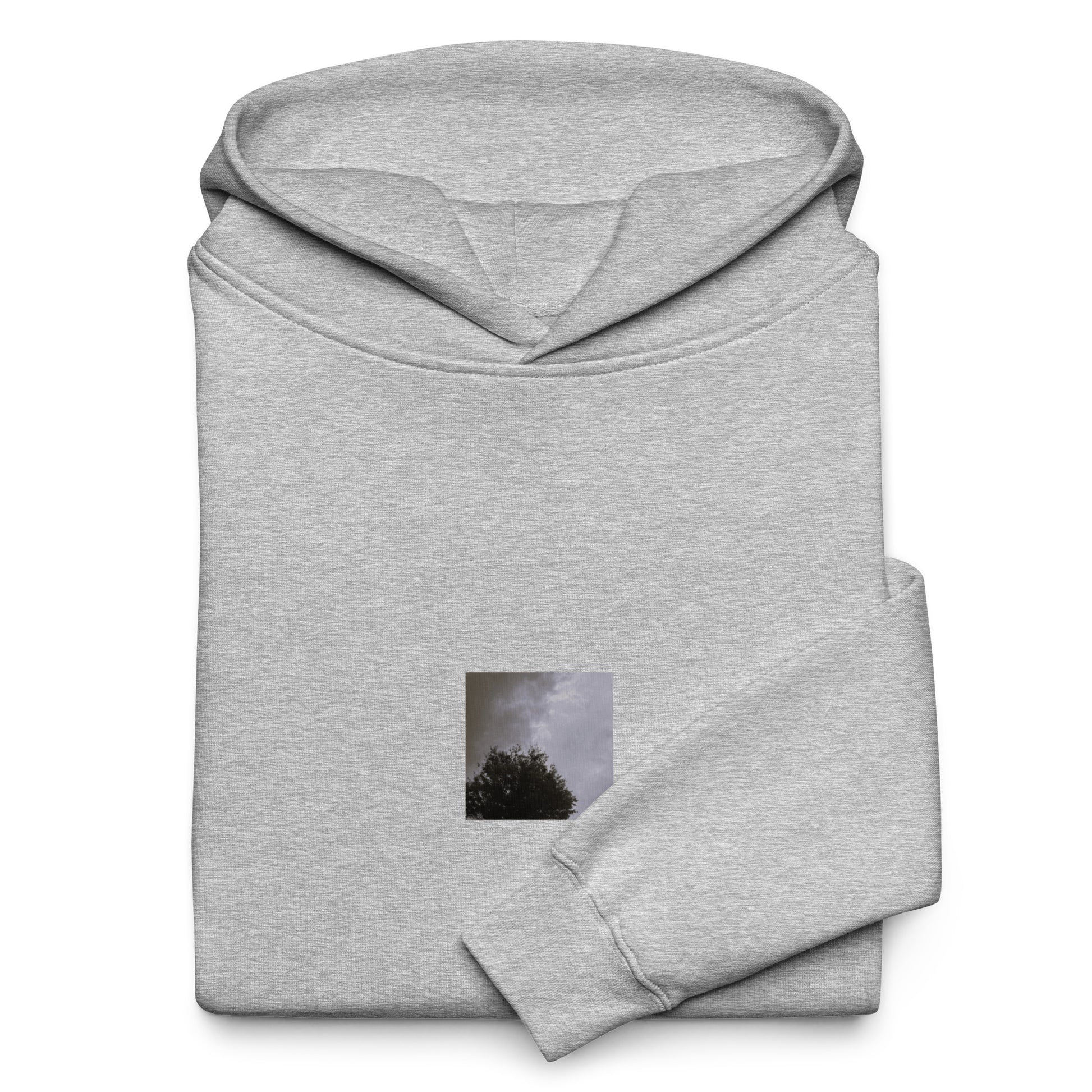 Minimalist mode style unisex athletic heather oversized hoodie with a 'Clouds & Tree' black and white photo print / モードストリート系ユニセックス・アスレチックヘザー・オーバーサイズパーカー、フロントに「Clouds & Tree（雲と木）」のモノクロ写真プリント（パーカー）