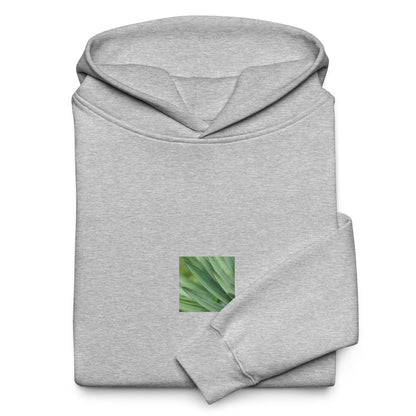 Minimalist streetwear style unisex oversized hoodie in athletic heather, featuring a vibrant Yucca plant color photograph on the chest. A clean, sophisticated aesthetic with a comfortable, relaxed fit. / モードストリート系ユニセックス・アスレチックヘザー（グレー）・オーバーサイズフーディー。フロントにユッカ植物のカラー写真プリント。都会的で洗練されたミニマリスト・ストリートウェア。