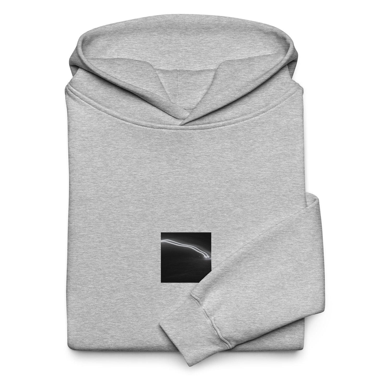 Minimalist streetwear style unisex oversized hoodie in athletic heather, featuring a 'Night Car Lights' B&W photograph print on the chest. / Night Car Lights (B&W) オーバーサイズ・フーディー（アスレチックヘザー）：都会的な杢グレーにモノクロの夜景写真が馴染む、モードストリートのためのモダンなパーカー。