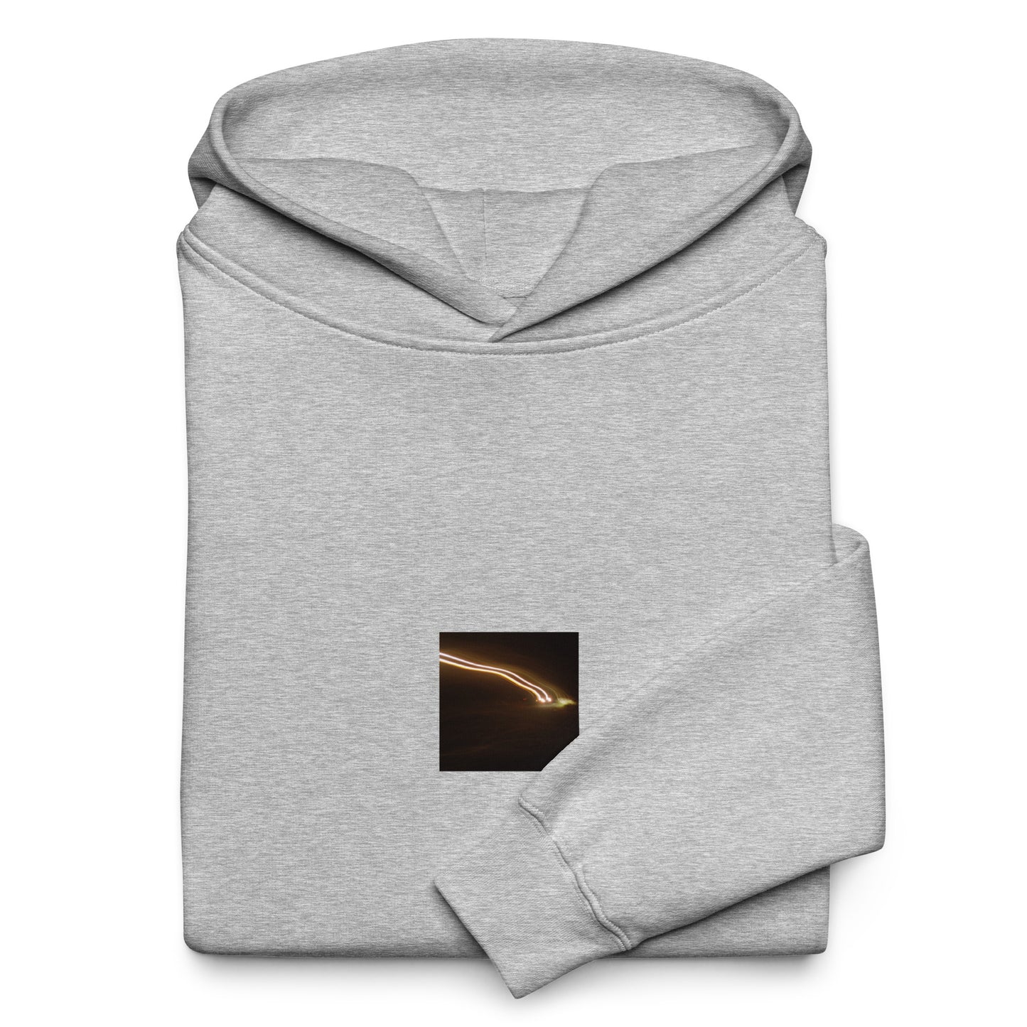 Minimalist streetwear style unisex oversized hoodie in athletic heather, featuring a 'Night Car Lights' photograph print on the chest. / Night Car Lights オーバーサイズ・フーディー（アスレチックヘザー）：都会的な杢グレーに夜の光の軌跡写真が馴染む、モードストリートのためのモダンなパーカー。