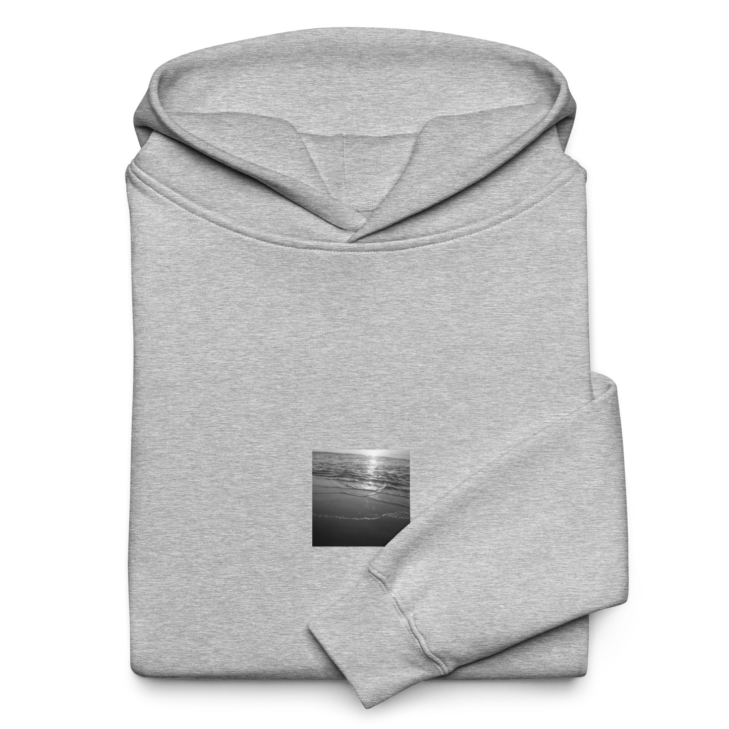 Minimalist mode style unisex athletic heather oversized hoodie with an 'Ocean Beach' black and white photo print / モードストリート系ユニセックス・アスレチックヘザー・オーバーサイズパーカー、フロントに「Ocean Beach（オーシャンビーチ）」のモノクロ写真プリント（パーカー）