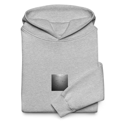 Minimalist streetwear style unisex oversized hoodie in athletic heather with 'Beach Footprints (B&W)' photo art. / フロントに「砂浜の足跡（モノクロ）」のフォトアートを配した、モードストリート系オーバーサイズフーディー（アスレチックヘザー）。