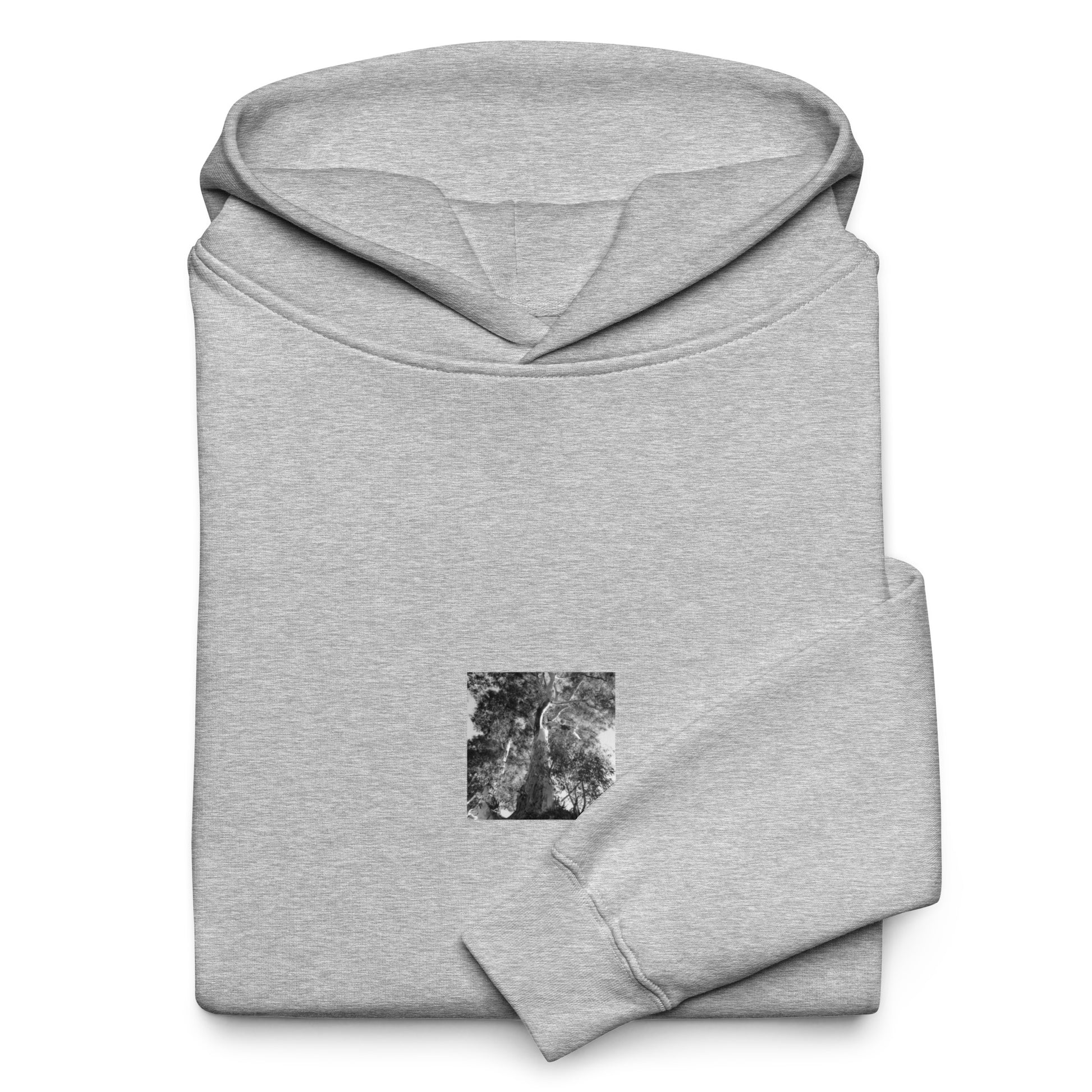 Minimalist streetwear style oversized hoodie in athletic heather featuring the 'Eucalyptus Tree (B&W)' photo art. / アスレチックヘザーのオーバーサイズフーディーに「ユーカリの木（モノクロ）」のフォトアートを配した、モードストリート系デザイン。