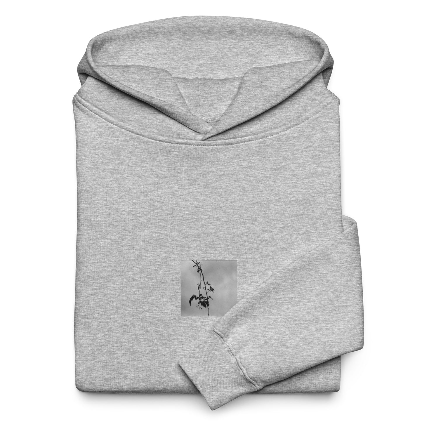 Minimalist streetwear style oversized hoodie in athletic heather featuring the 'Tree Branches (B&W)' photo art on the front. / モードストリート系オーバーサイズフーディー（アスレチックヘザー）フロントに「木の枝（モノクロ）」のフォトアートを配したデザイン。