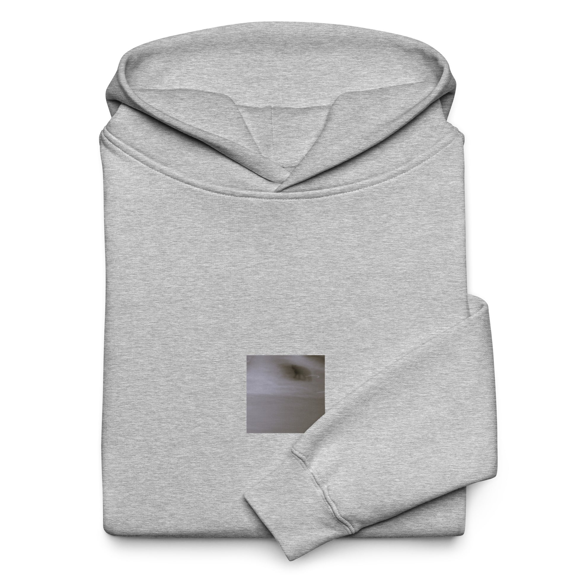 Minimalist streetwear style oversized hoodie in athletic heather featuring the 'Cat (B&W)' photo art on the front. / モードストリート系オーバーサイズフーディー（アスレチックヘザー）フロントに「猫（モノクロ）」のフォトアートを配したデザイン。