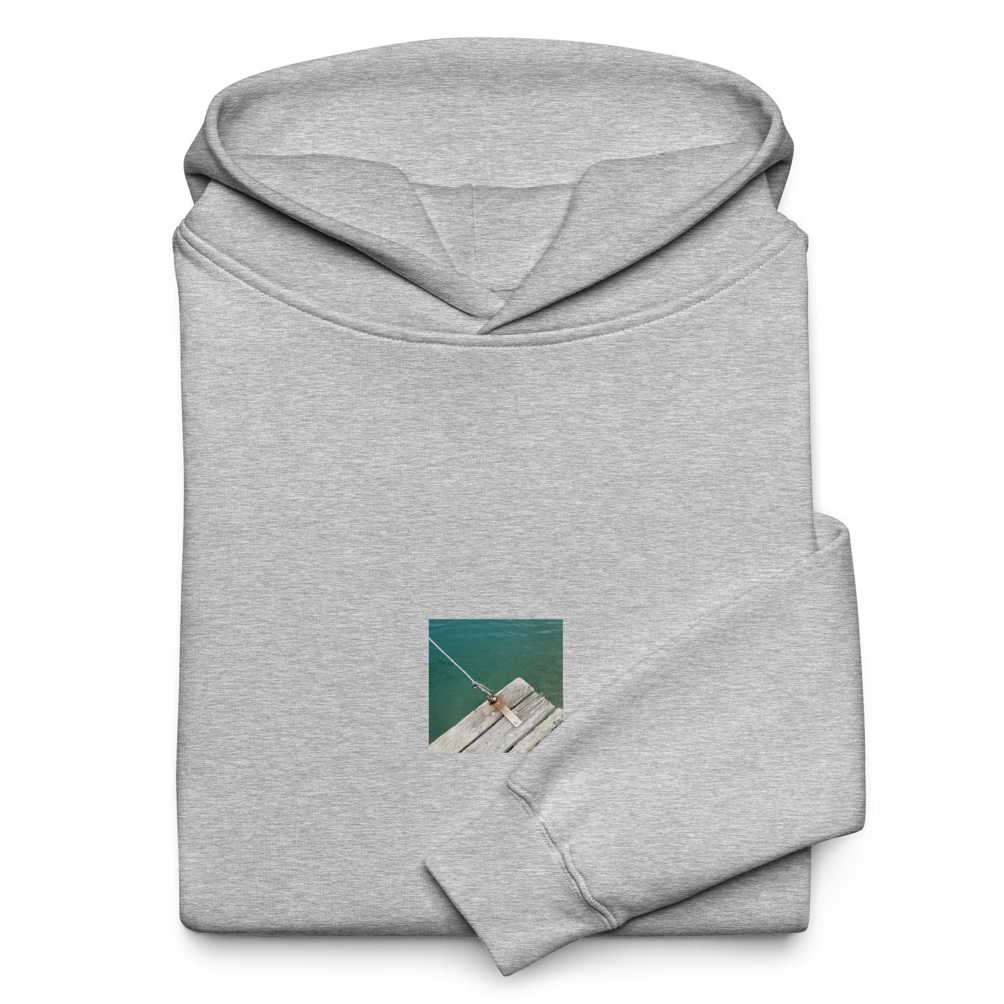 Minimalist streetwear style oversized hoodie in athletic heather featuring the 'Sea, Pier and Rope' photo art on the front. / モードストリート系オーバーサイズフーディー（アスレチックヘザー）フロントに「海、桟橋、ロープ」のフォトアートを配したデザイン。