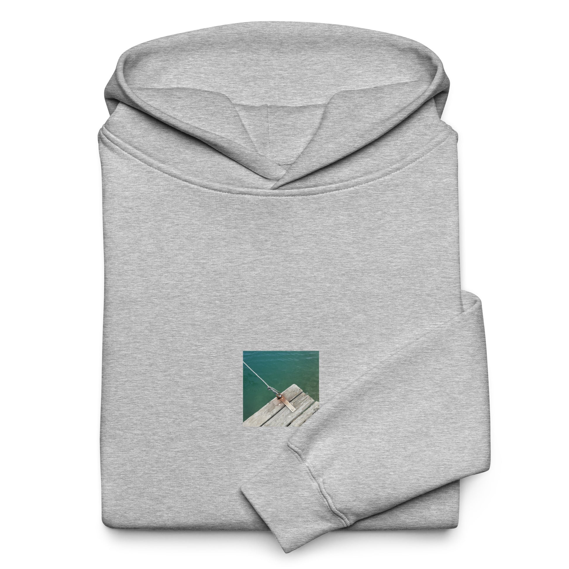 Minimalist streetwear style oversized hoodie in athletic heather featuring the 'Sea, Pier and Rope' photo art on the front. / モードストリート系オーバーサイズフーディー（アスレチックヘザー）フロントに「海、桟橋、ロープ」のフォトアートを配したデザイン。