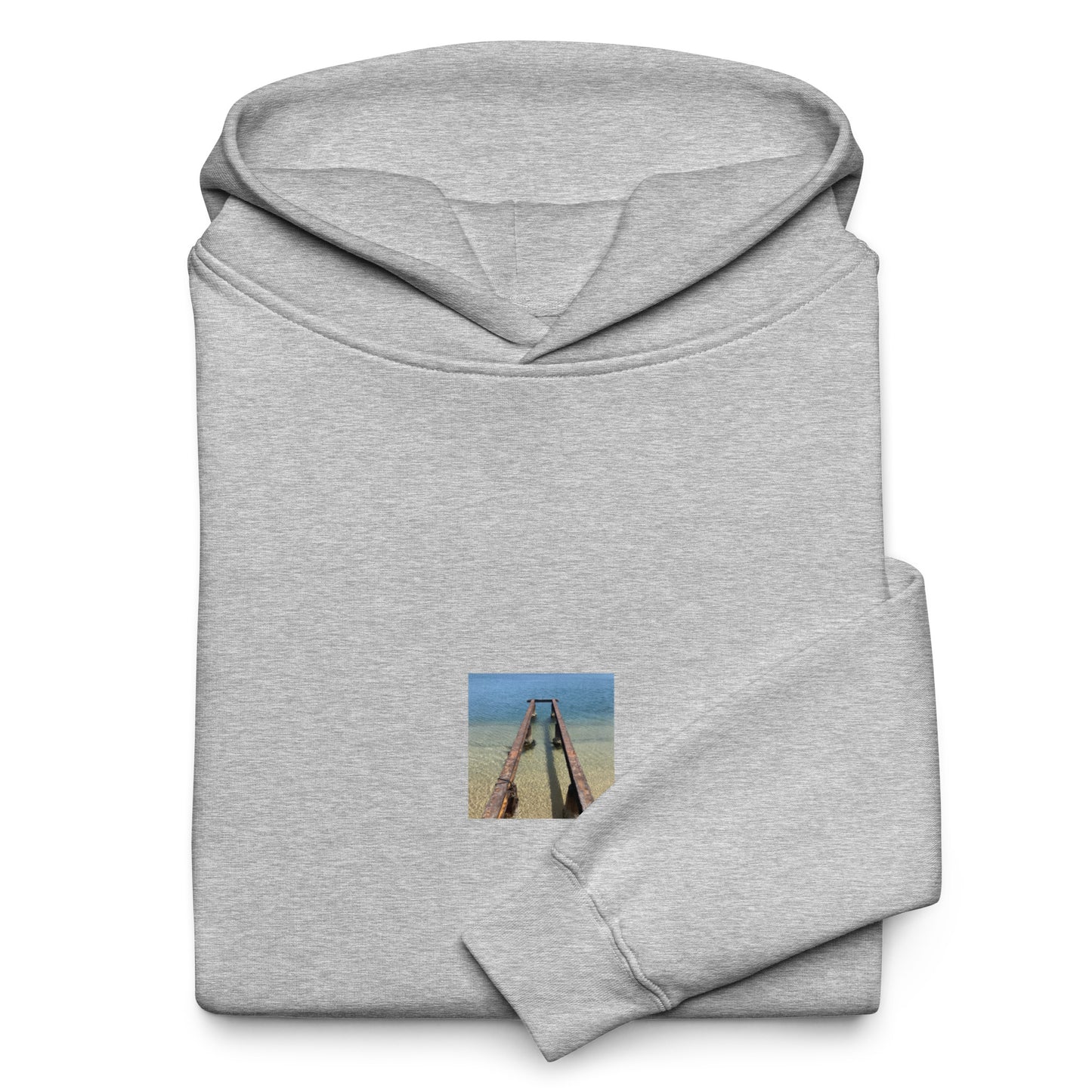 Minimalist streetwear style oversized hoodie in athletic heather featuring the 'Sea and Pier' photo art on the front. / モードストリート系オーバーサイズフーディー（アスレチックヘザー）フロントに「海と桟橋」のフォトアートを配したデザイン。