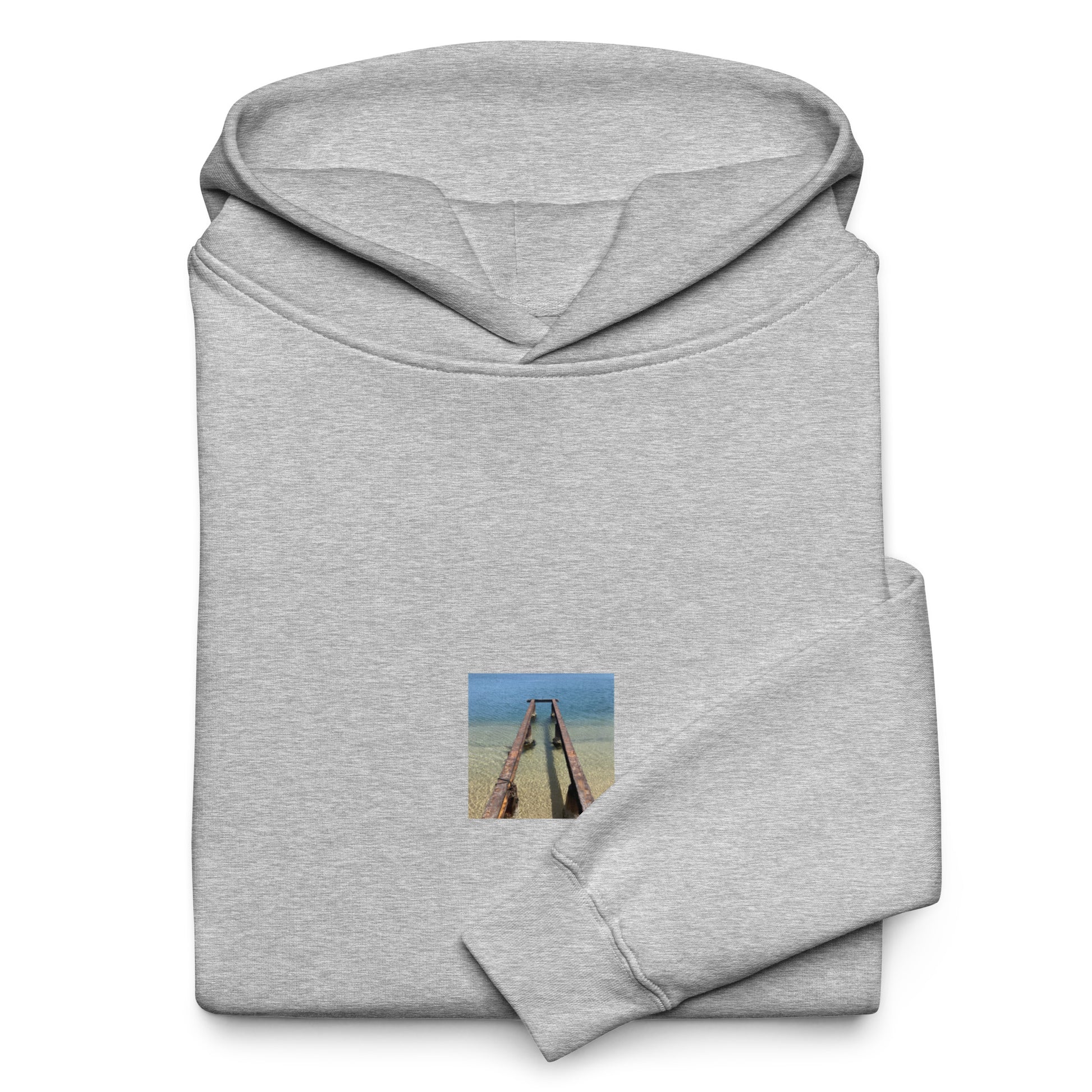 Minimalist streetwear style oversized hoodie in athletic heather featuring the 'Sea and Pier' photo art on the front. / モードストリート系オーバーサイズフーディー（アスレチックヘザー）フロントに「海と桟橋」のフォトアートを配したデザイン。