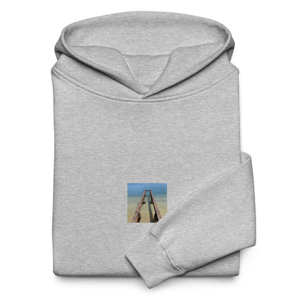 Minimalist streetwear style oversized hoodie in athletic heather featuring the 'Sea and Pier' photo art on the front. / モードストリート系オーバーサイズフーディー（アスレチックヘザー）フロントに「海と桟橋」のフォトアートを配したデザイン。