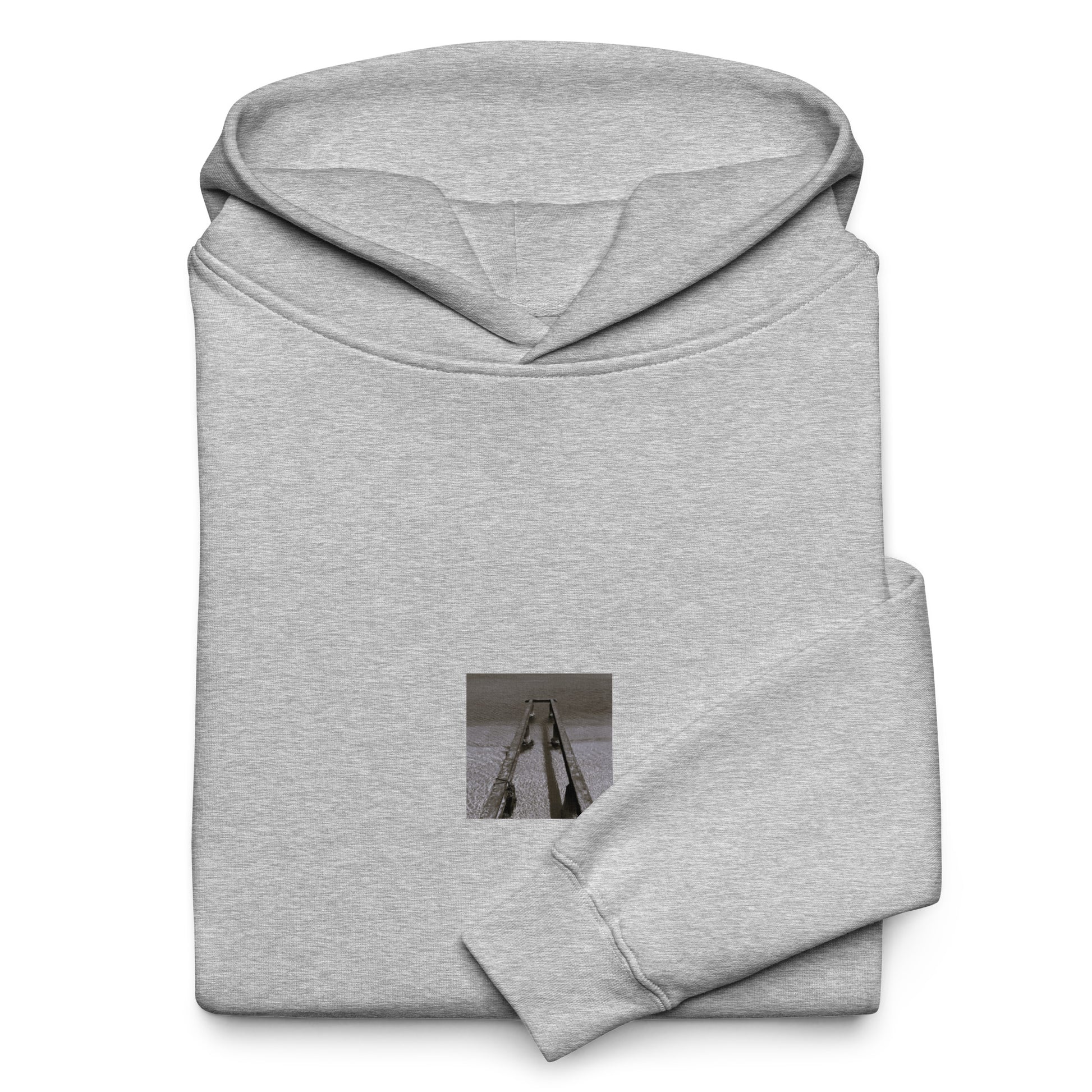 Minimalist streetwear style oversized hoodie in athletic heather featuring the 'Sea and Pier (B&W)' photo art on the front. / モードストリート系オーバーサイズフーディー（アスレチックヘザー）フロントに「海と桟橋（モノクロ）」のフォトアートを配したデザイン。