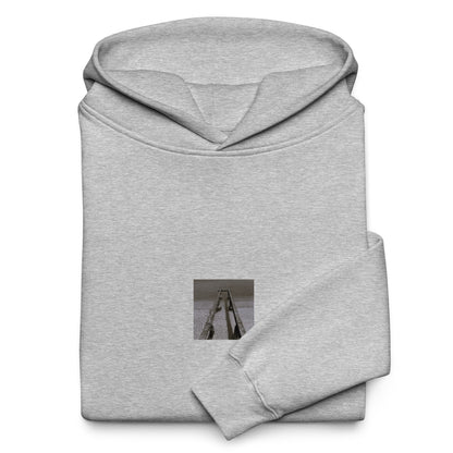Minimalist streetwear style oversized hoodie in athletic heather featuring the 'Sea and Pier (B&W)' photo art on the front. / モードストリート系オーバーサイズフーディー（アスレチックヘザー）フロントに「海と桟橋（モノクロ）」のフォトアートを配したデザイン。
