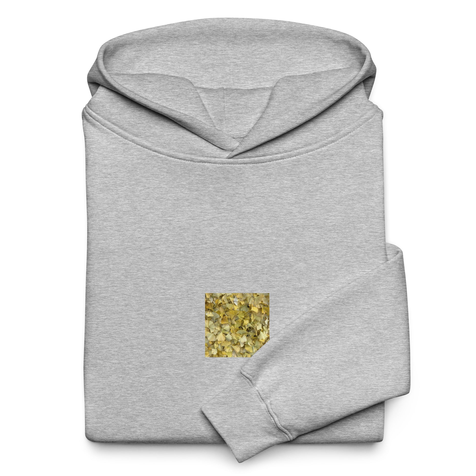 Minimalist streetwear style oversized hoodie in athletic heather featuring the 'Ginkgo Fallen Leaves' photo art on the front. / モードストリート系オーバーサイズフーディー（アスレチックヘザー）フロントに「イチョウの落ち葉」のフォトアートを配したデザイン。