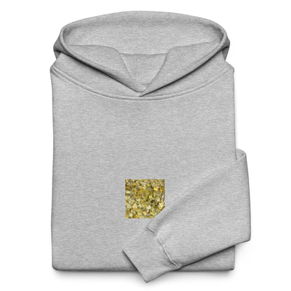 Minimalist streetwear style oversized hoodie in athletic heather featuring the 'Ginkgo Fallen Leaves' photo art on the front. / モードストリート系オーバーサイズフーディー（アスレチックヘザー）フロントに「イチョウの落ち葉」のフォトアートを配したデザイン。