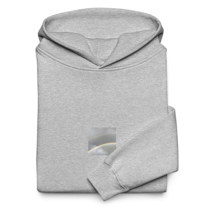 Minimalist streetwear style oversized hoodie in athletic heather featuring the 'Double Rainbow' photo art on the front. / モードストリート系オーバーサイズフーディー（アスレチックヘザー）フロントに「ダブルレインボー」のフォトアートを配したデザイン。