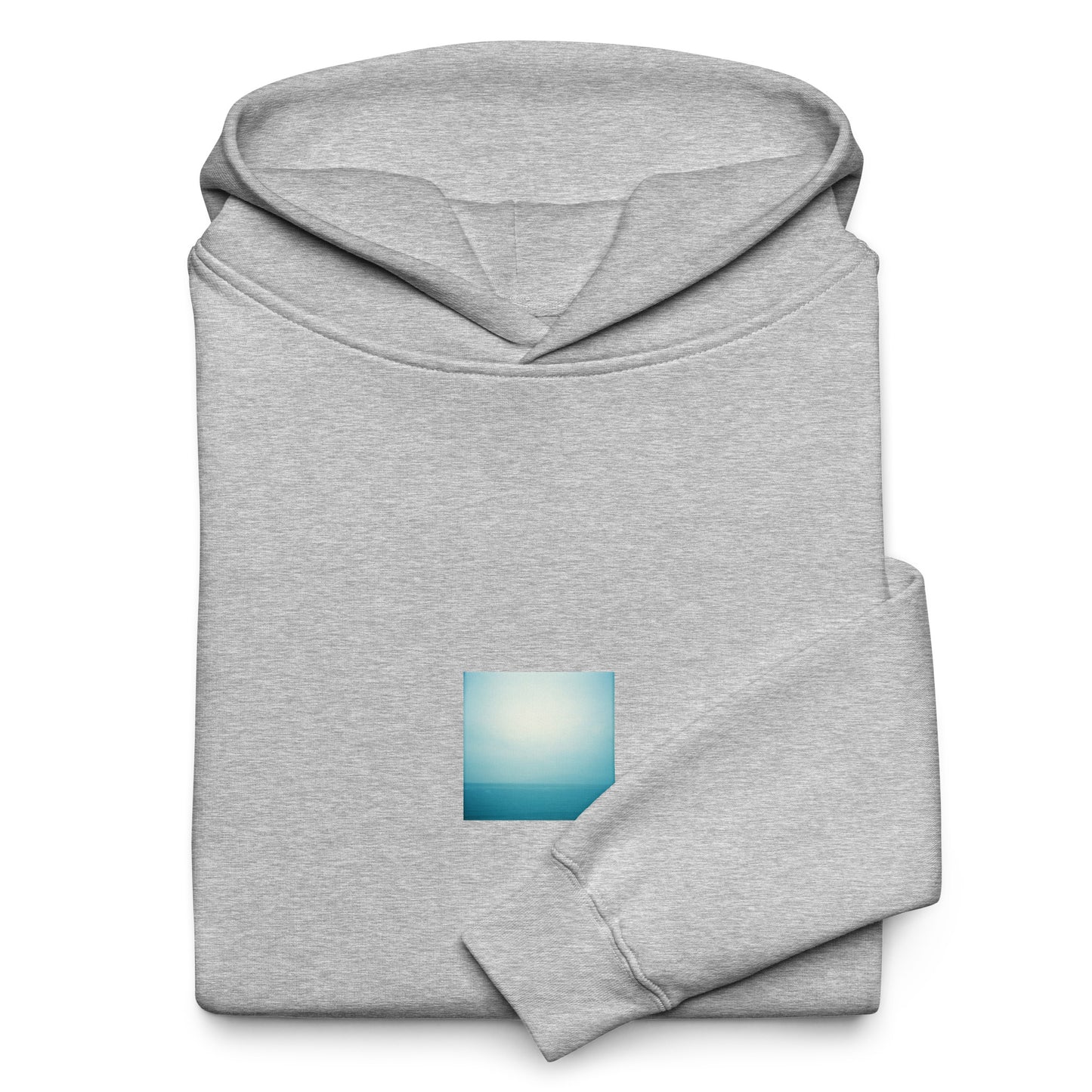 Minimalist streetwear style oversized hoodie in athletic heather featuring the 'Ocean Horizon' photo art on the front. / モードストリート系オーバーサイズフーディー（アスレチックヘザー）フロントに「海の水平線」のフォトアートを配したデザイン。