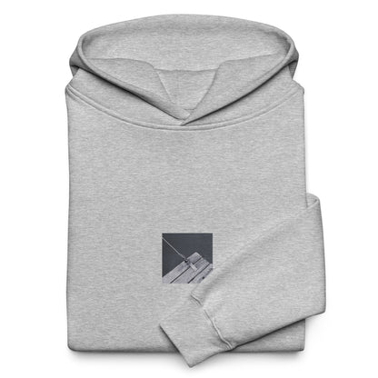 Minimalist streetwear style oversized hoodie in athletic heather featuring the 'Ocean Pier (B&W)' photo art on the front. / モードストリート系オーバーサイズフーディー（アスレチックヘザー）フロントに「海の桟橋 (モノクロ)」のフォトアートを配したデザイン。
