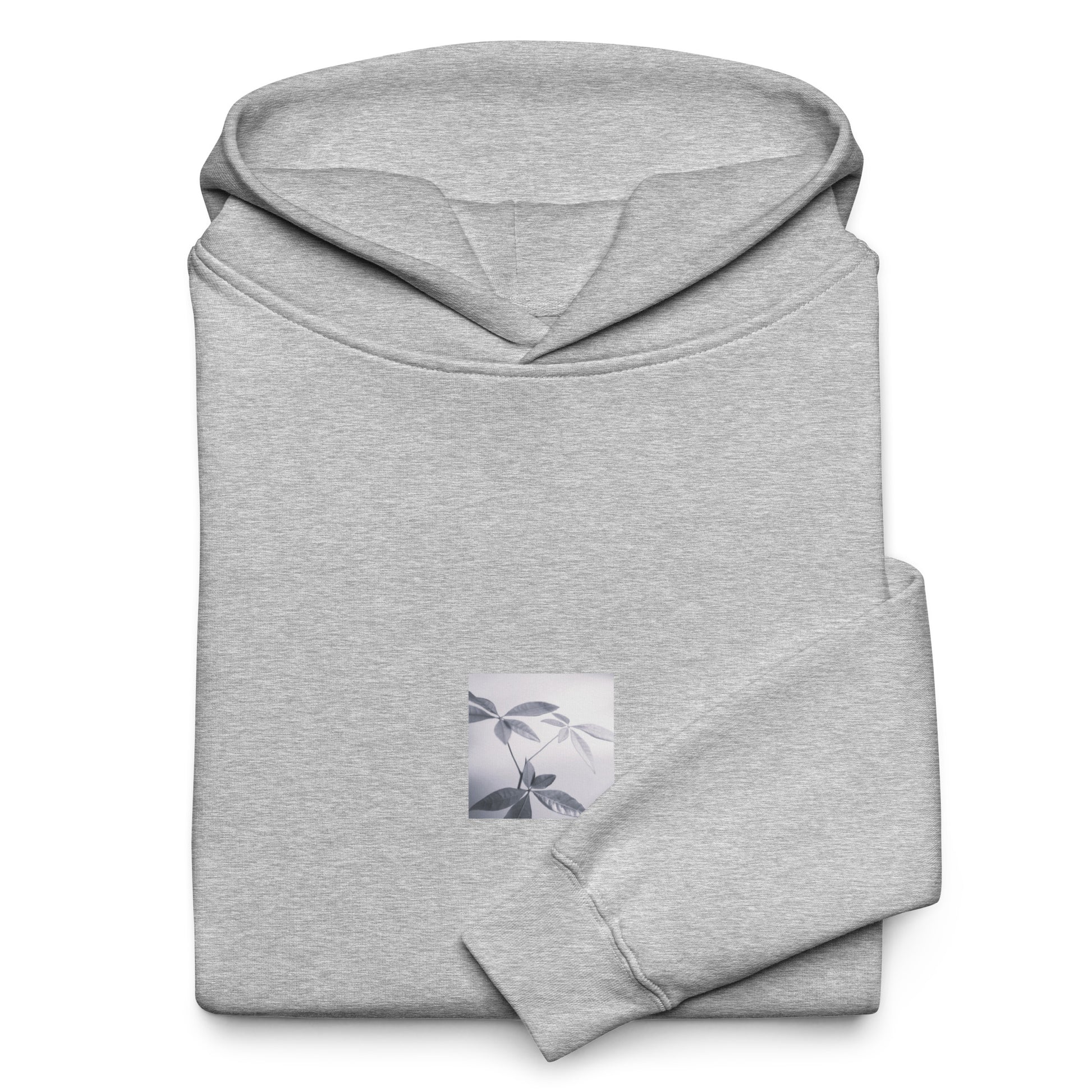 Minimalist streetwear style oversized hoodie in athletic heather featuring the 'Botanical (B&W)' photo art on the front. / モードストリート系オーバーサイズフーディー（アスレチックヘザー）フロントに「ボタニカル (モノクロ)」のフォトアートを配したデザイン。