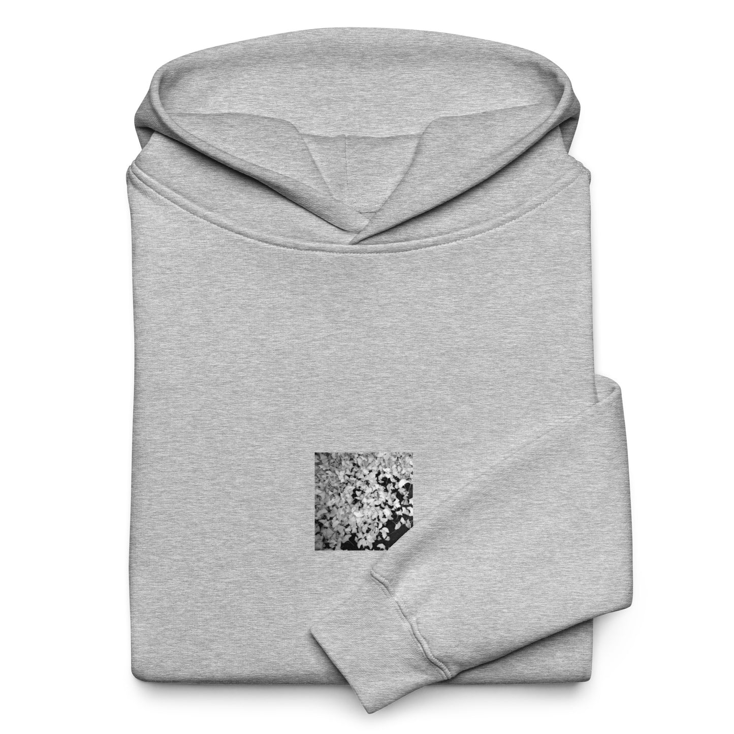 Minimalist streetwear style oversized hoodie in athletic heather featuring the 'Ginkgo Biloba (B&W)' photo art on the front. / モードストリート系オーバーサイズフーディー（アスレチックヘザー）フロントに「イチョウ (モノクロ)」のフォトアートを配したデザイン。