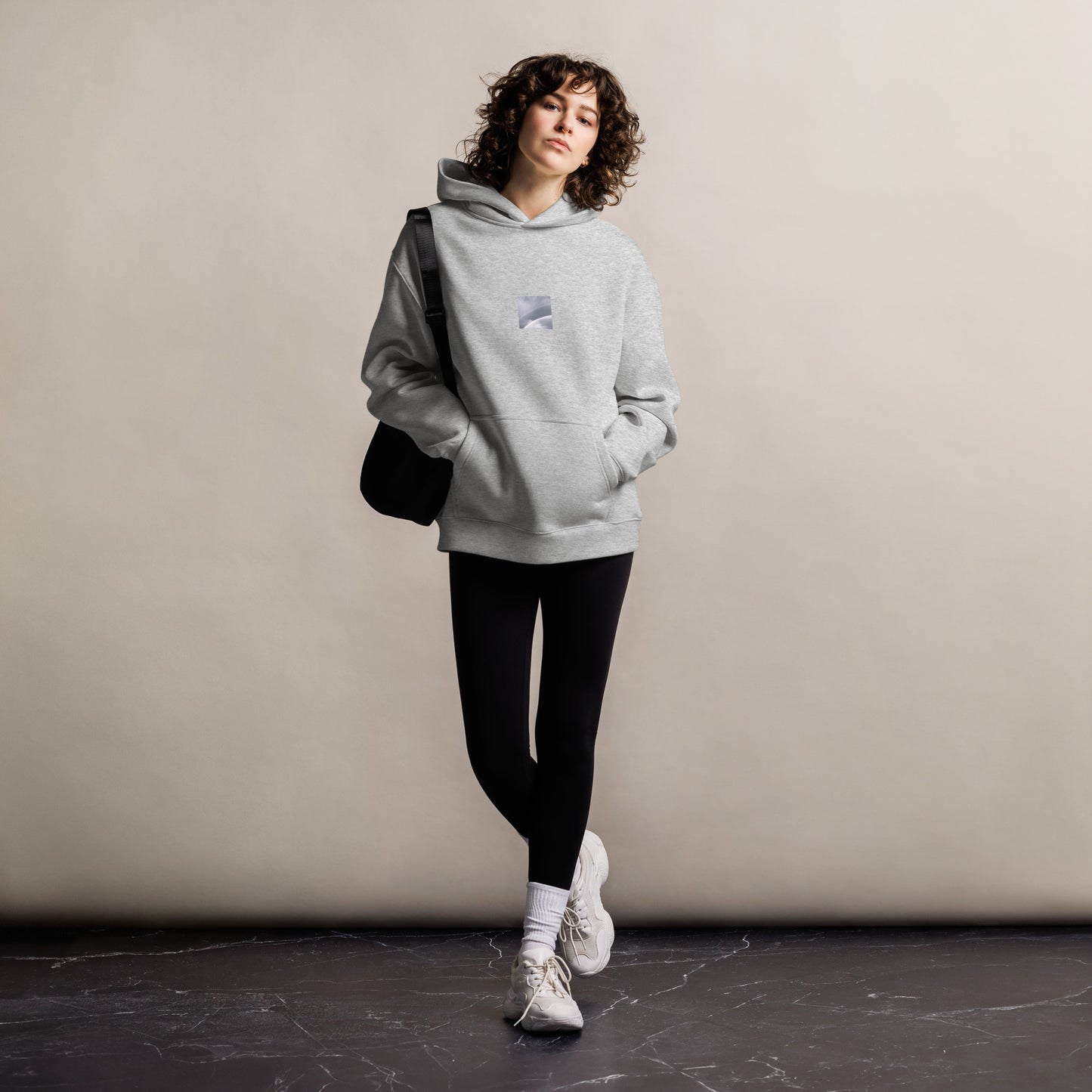 Minimalist streetwear style oversized hoodie in athletic heather featuring the 'Double Rainbow (B&W)' photo art on the front. / モードストリート系オーバーサイズフーディー（アスレチックヘザー）フロントに「ダブルレインボー (モノクロ)」のフォトアートを配したデザイン。