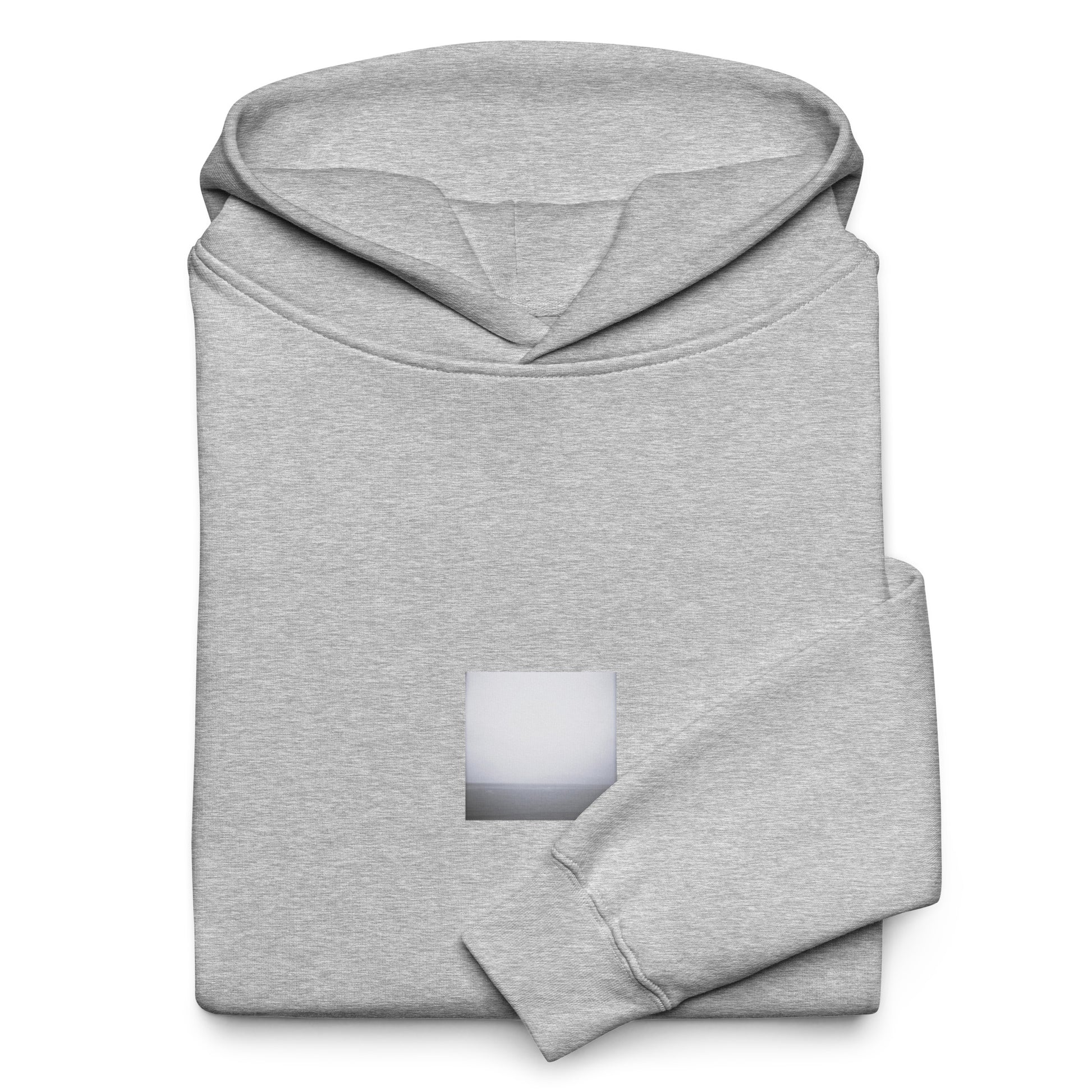 Minimalist streetwear style oversized hoodie in athletic heather featuring the 'Ocean Horizon (B&W)' photo art on the front. / モードストリート系オーバーサイズフーディー（アスレチックヘザー）フロントに「オーシャンホライズン (モノクロ)」のフォトアートを配したデザイン。