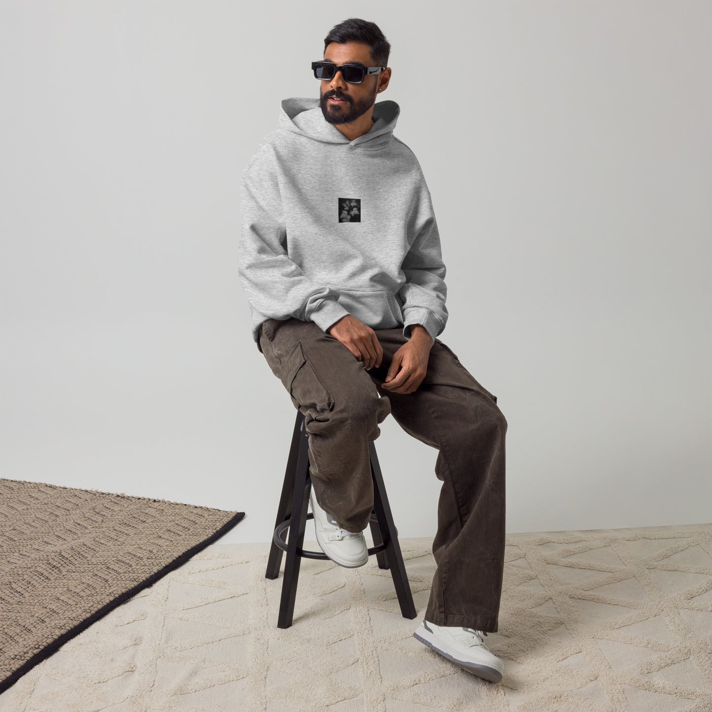 ivy B&W botanical art oversized hoodie in athletic heather grey, front view