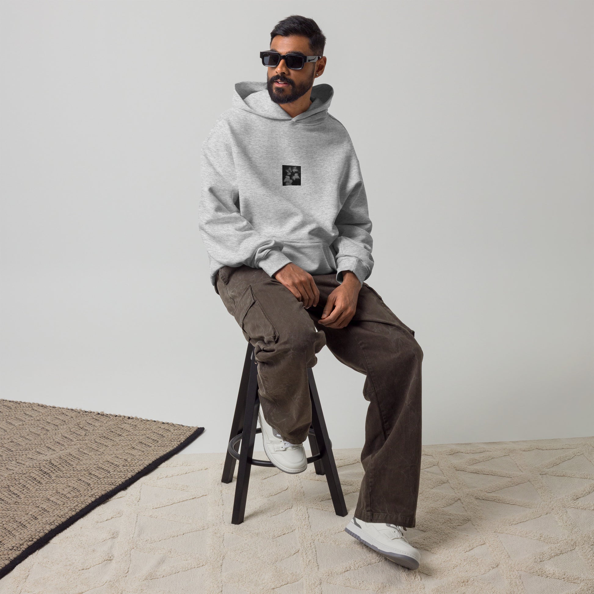 ivy B&W botanical art oversized hoodie in athletic heather grey, front view