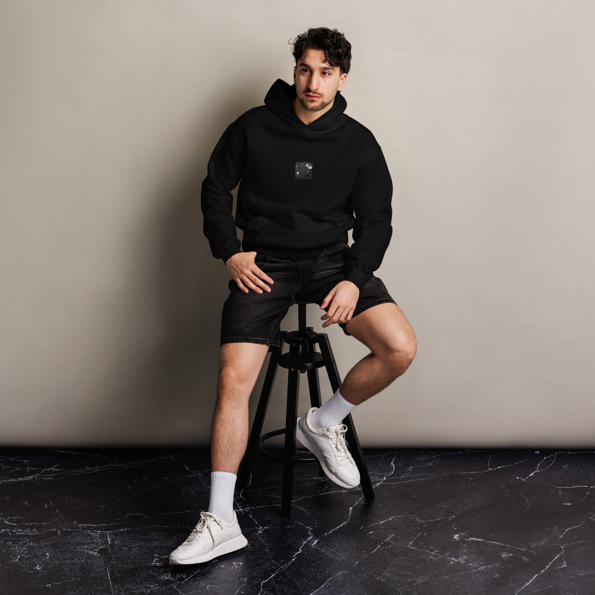 Balloon Flower (B&W) - Oversized Hoodie, Black, Front View