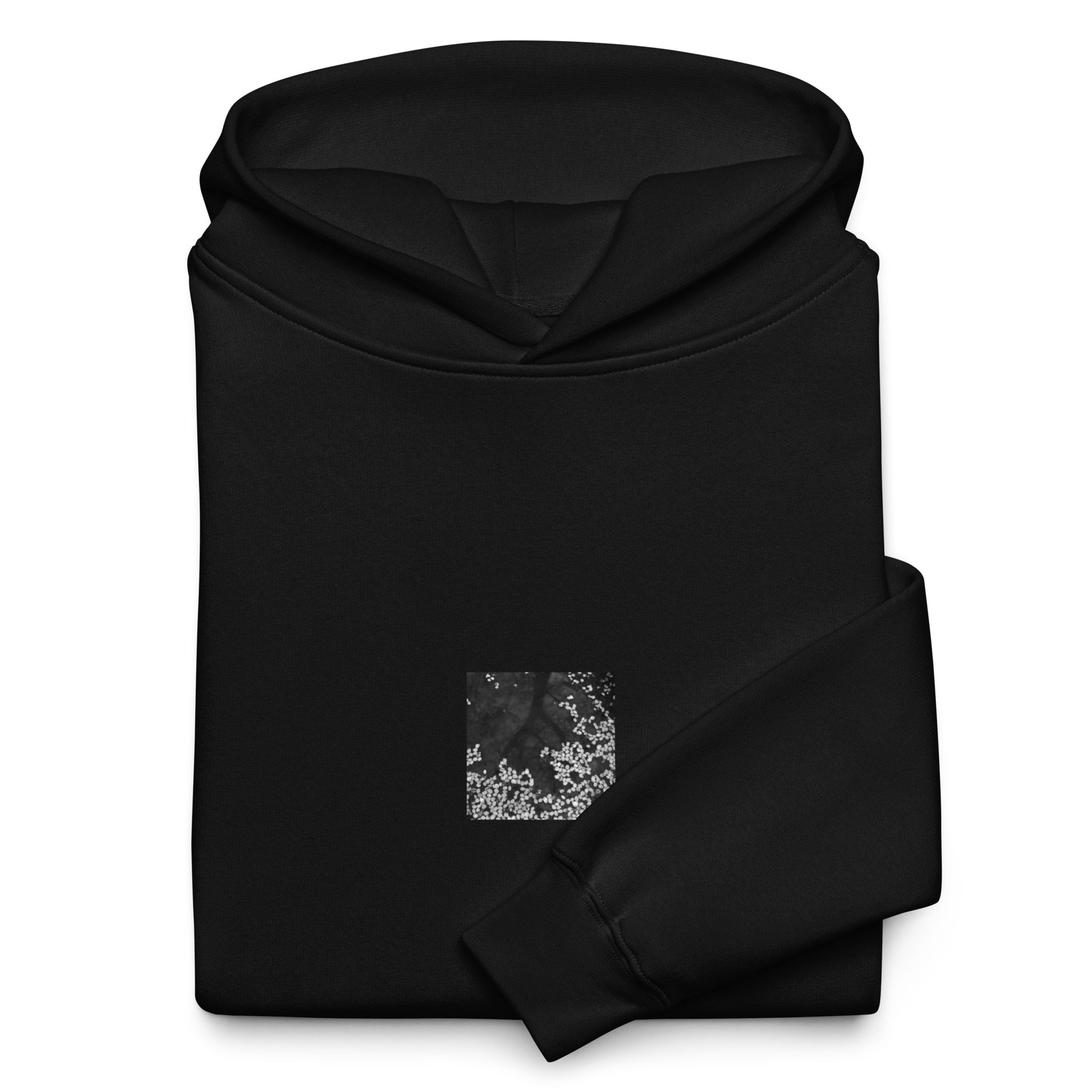 Cherry Blossom Petals on Water Surface (B&W) - Premium Heavyweight Long Sleeve Shirt, Black, Front View