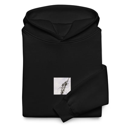 Minimalist mode style unisex premium black oversized hoodie with a 'Vines Entangled on a Utility Pole' black and white photo print / モードストリート系ユニセックス・プレミアム・オーバーサイズパーカー（ブラック）、フロントに「電柱に絡まるツル」のモノクロ写真プリント（パーカー）