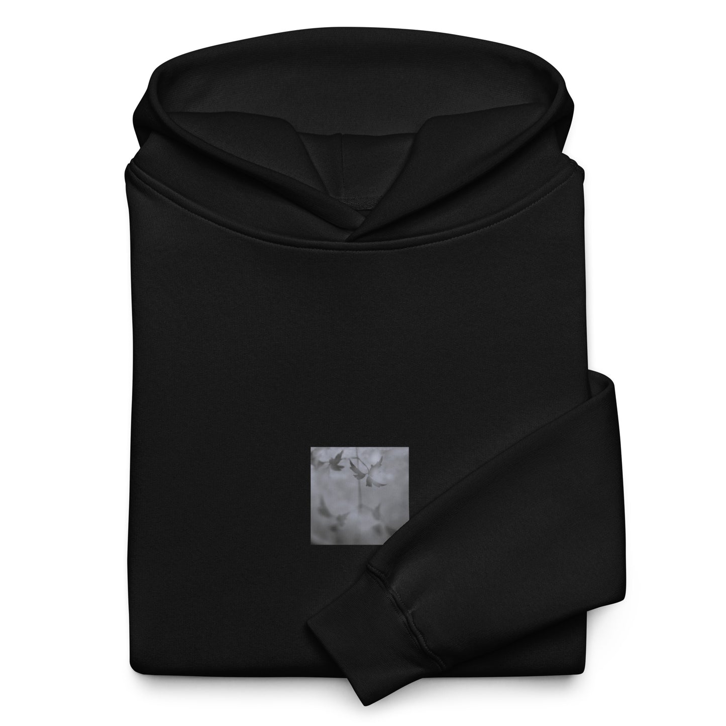 Minimalist mode style unisex premium black oversized hoodie with a 'Water Surface & Leaves' black and white photo print / モードストリート系ユニセックス・プレミアム・オーバーサイズパーカー（ブラック）、フロントに「水面と葉」のモノクロ写真プリント（パーカー）
