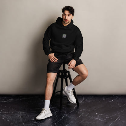 Minimalist mode style unisex black oversized hoodie with a 'Water Surface & Leaves' art print / モードストリート系ユニセックス・ブラック・オーバーサイズパーカー、フロントに「水面と葉」のアートプリント（パーカー）