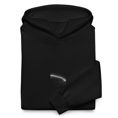 Minimalist streetwear style unisex oversized hoodie in black, featuring a 'Night Car Lights' B&W photograph print on the chest. / Night Car Lights (B&W) オーバーサイズ・フーディー（ブラック）：都会の夜の光を捉えたモノクロ写真が際立つ、モードストリート系リラックスフィット・パーカー。