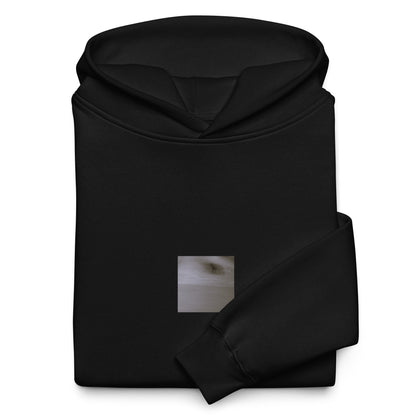 Minimalist streetwear style oversized hoodie in black featuring the 'Cat (B&W)' photo art on the front. / モードストリート系オーバーサイズフーディー（ブラック）フロントに「猫（モノクロ）」のフォトアートを配したデザイン。