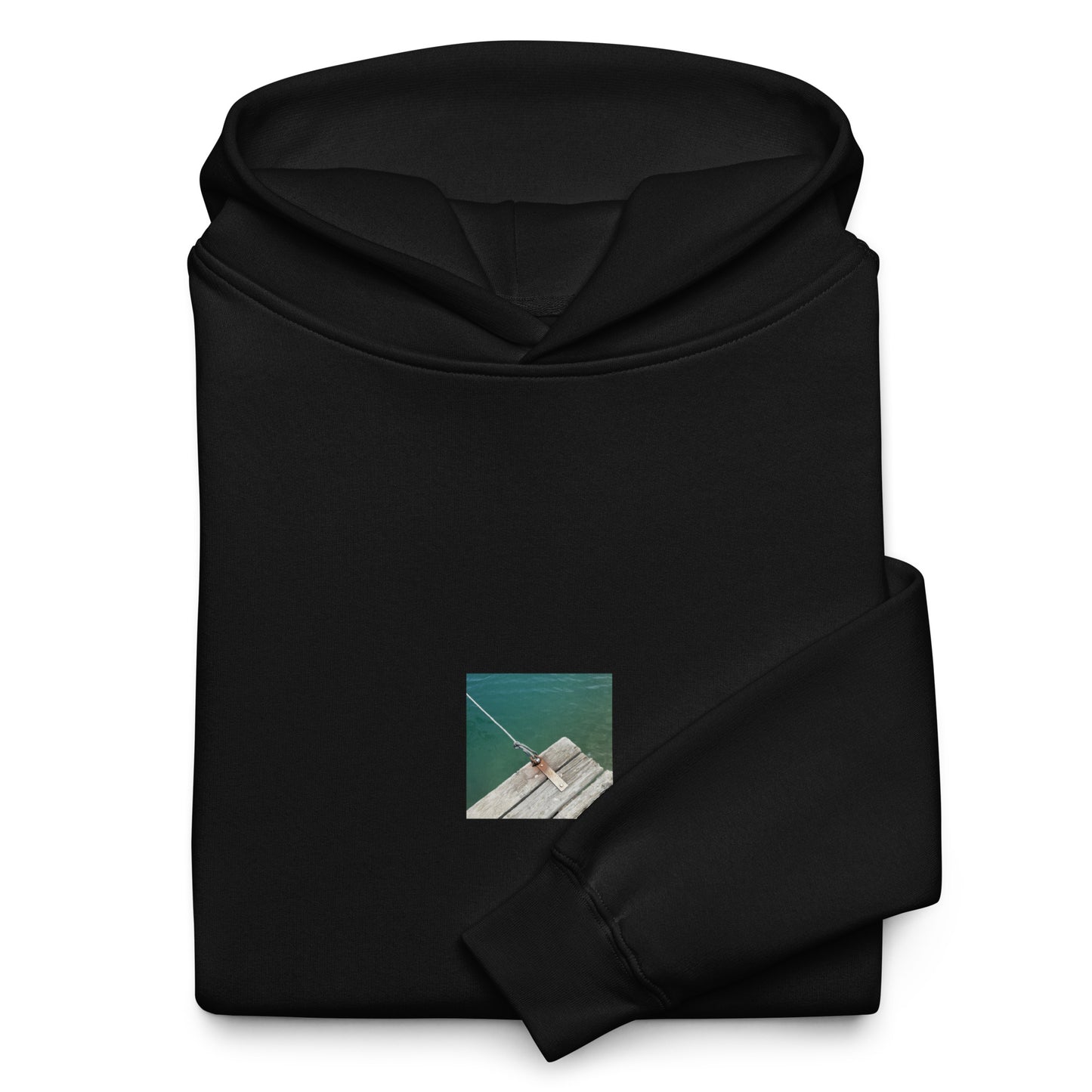 Minimalist streetwear style oversized hoodie in black featuring the 'Sea, Pier and Rope' photo art on the front. / モードストリート系オーバーサイズフーディー（ブラック）フロントに「海、桟橋、ロープ」のフォトアートを配したデザイン。