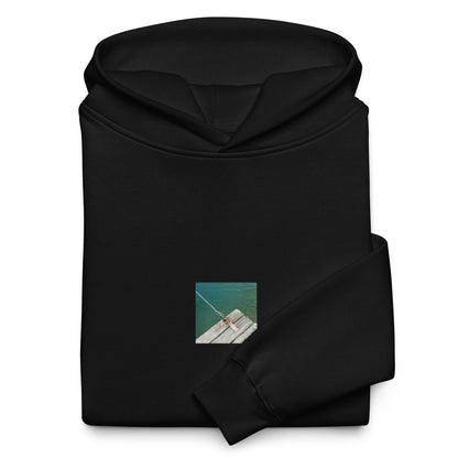 Minimalist streetwear style oversized hoodie in black featuring the 'Sea, Pier and Rope' photo art on the front. / モードストリート系オーバーサイズフーディー（ブラック）フロントに「海、桟橋、ロープ」のフォトアートを配したデザイン。
