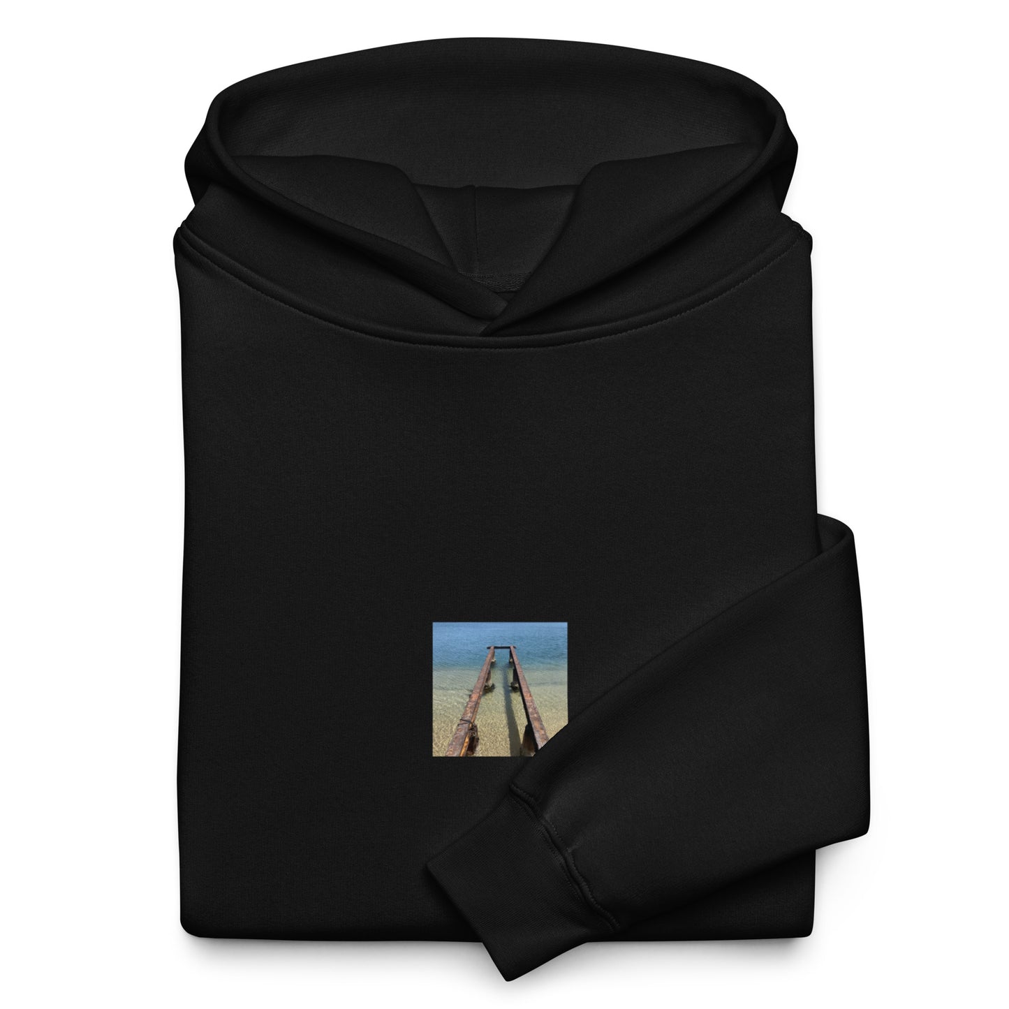 Minimalist streetwear style oversized hoodie in black featuring the 'Sea and Pier' photo art on the front. / モードストリート系オーバーサイズフーディー（ブラック）フロントに「海と桟橋」のフォトアートを配したデザイン。