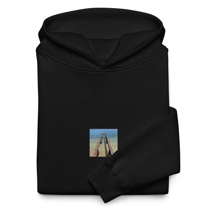 Minimalist streetwear style oversized hoodie in black featuring the 'Sea and Pier' photo art on the front. / モードストリート系オーバーサイズフーディー（ブラック）フロントに「海と桟橋」のフォトアートを配したデザイン。